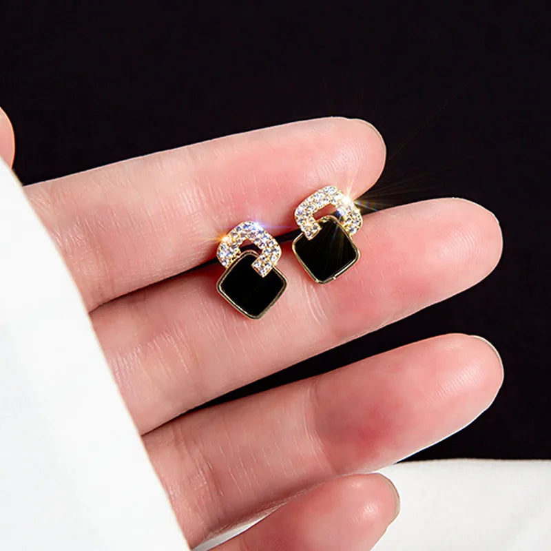 Light Luxury Black Enamel Geometric Square Stud Earrings