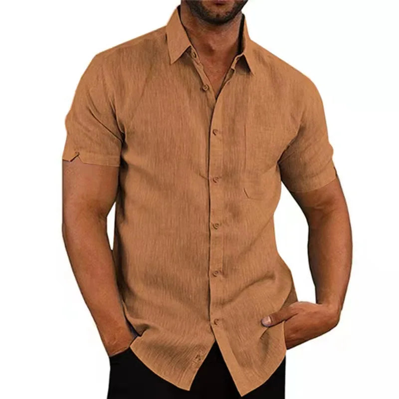 Men's Summer Cotton Linen Short-Sleeve Casual Beach Shirt