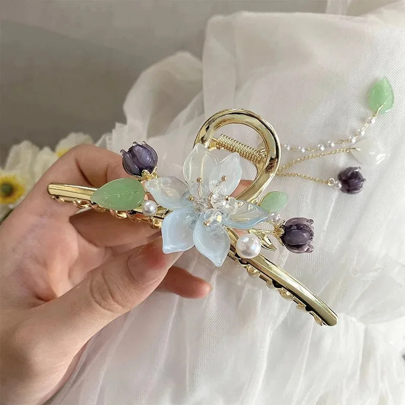 New Bell Orchid Flower Pearl Tassel Clip - Women's Ponytail Shark Hair Grab