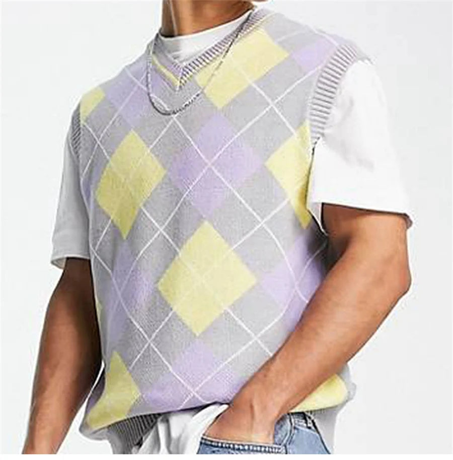 New Men's V-neck Knitted Vest Rhombus Plaid Pullovers Waistcoat for Man Korean Style Spring Autumn Thin Sleeveless Sweater