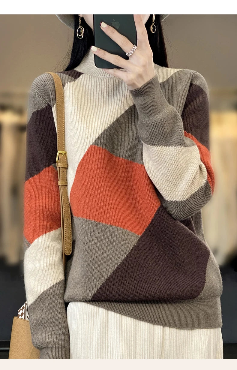 Autumn/Winter Women's Cashmere Patchwork Pullover Sweater