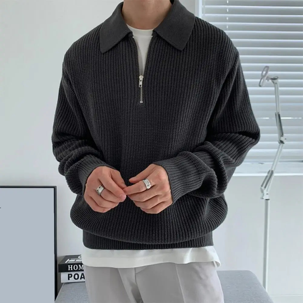 Men's Lapel Sweater – Knitted Zipper Pullover, Soft, Warm, Mid-Length, Lightweight Casual Fall/Winter Wear