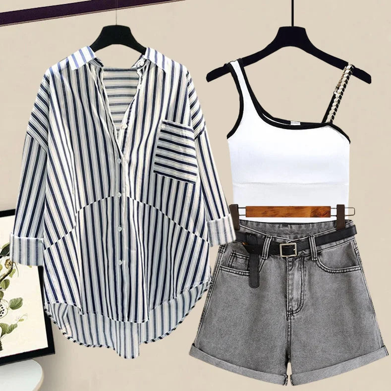 Striped Sunscreen Shirt & Denim Shorts 3-Piece Set - Spring/Summer Women's Fashion