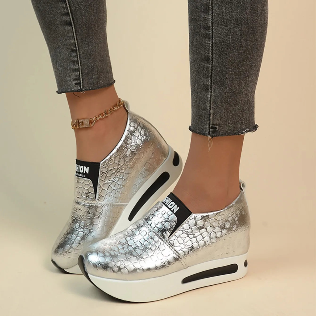 Women's Gold & Silver Patent Leather Platform Sneakers