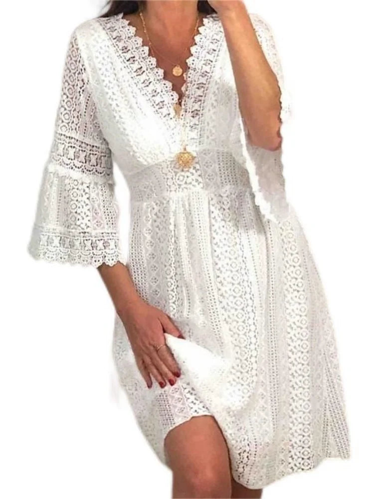 High Waist White Lace V-neck Flare Sleeve Summer Dress