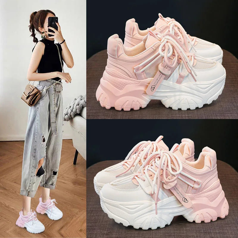 Women's Platform Sneakers - Spring Casual Tennis Shoes with Thick Sole