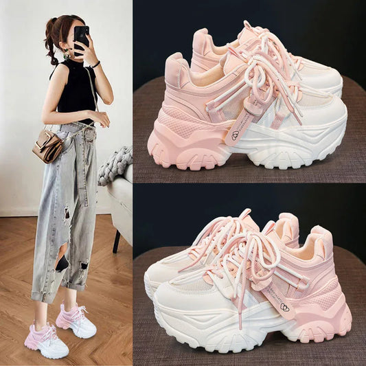Women's Platform Sneakers - Spring Casual Tennis Shoes with Thick Sole