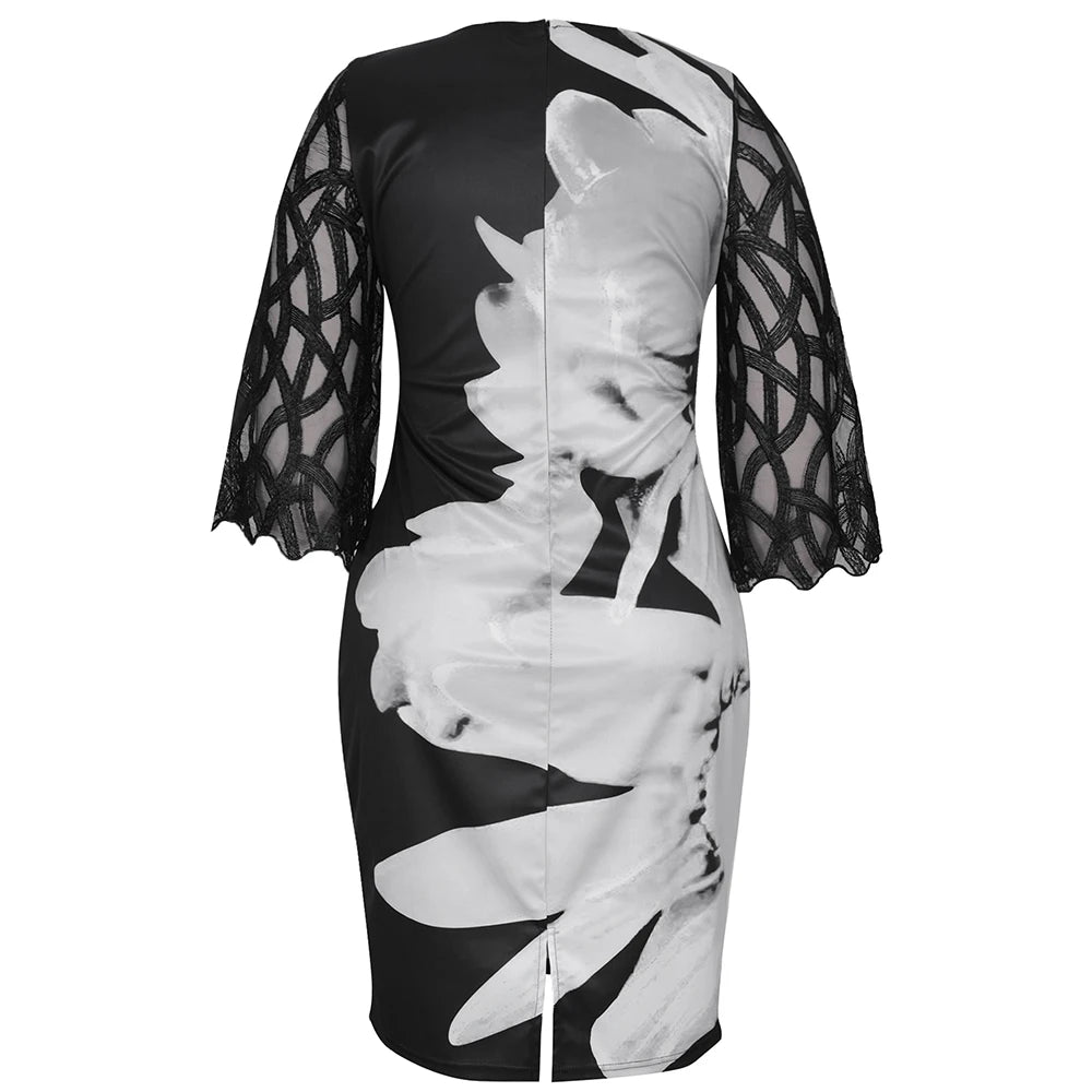 Women's Summer Floral Print Dress – Elegant Mesh Sleeve, Casual Birthday/Party Dress, 3XL/4XL