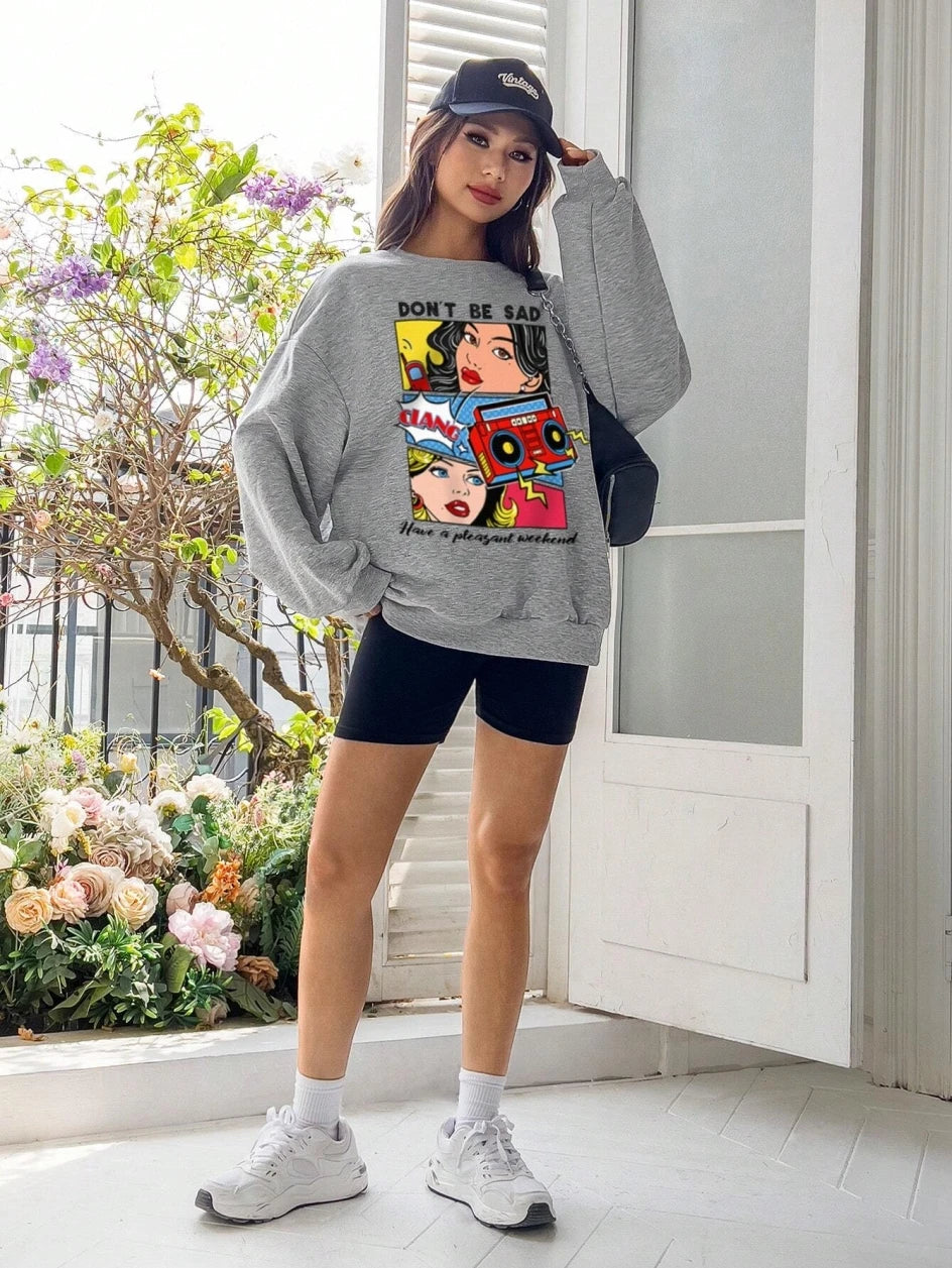 Women's Cartoon Print Crewneck Sweatshirt – Casual Loose Fleece