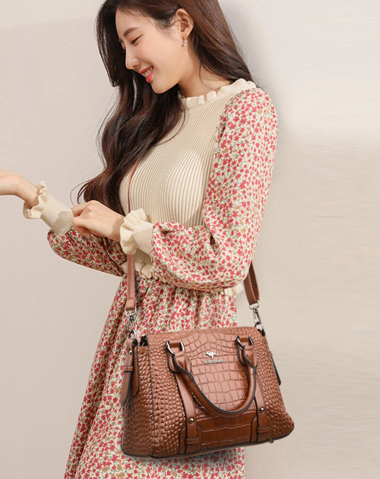 Luxury Genuine Leather Handbag - Women's Crocodile Pattern Shoulder & Crossbody Bag, Large Capacity Casual Tote