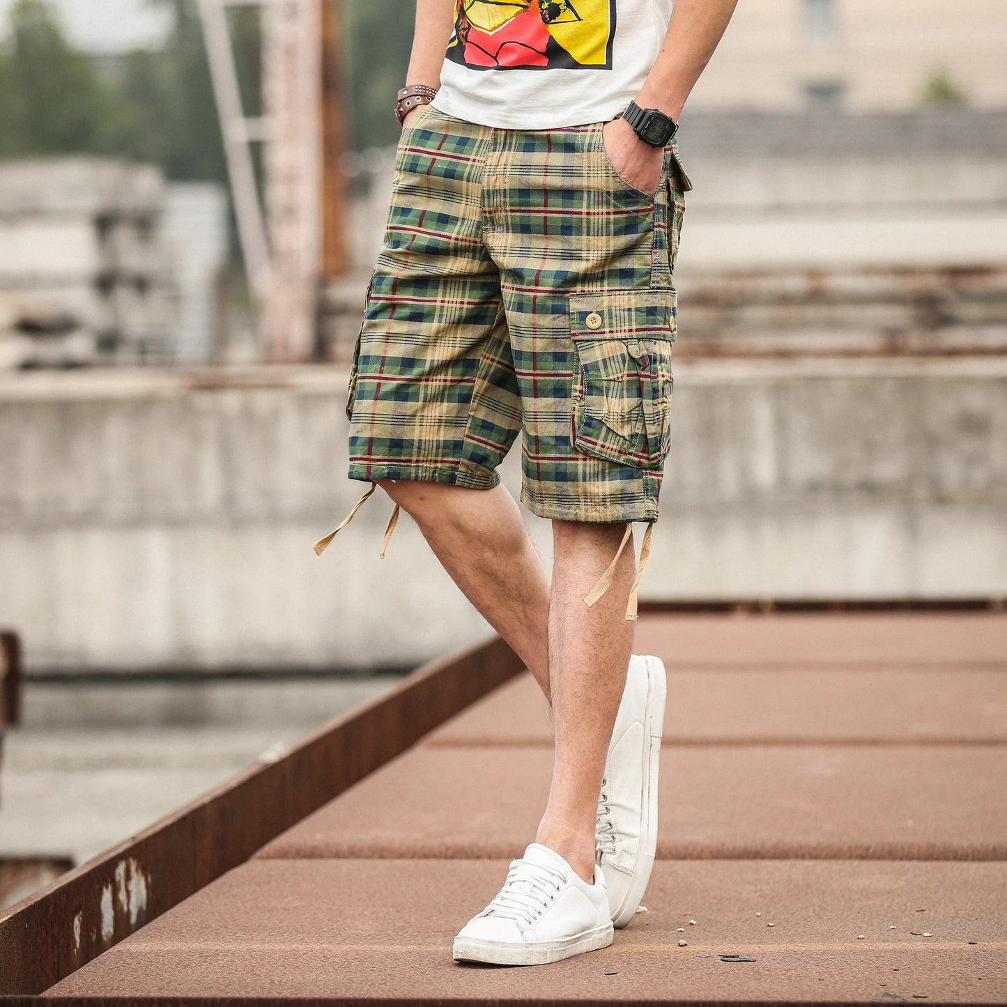 Men's Summer Cotton Plaid Cargo Shorts