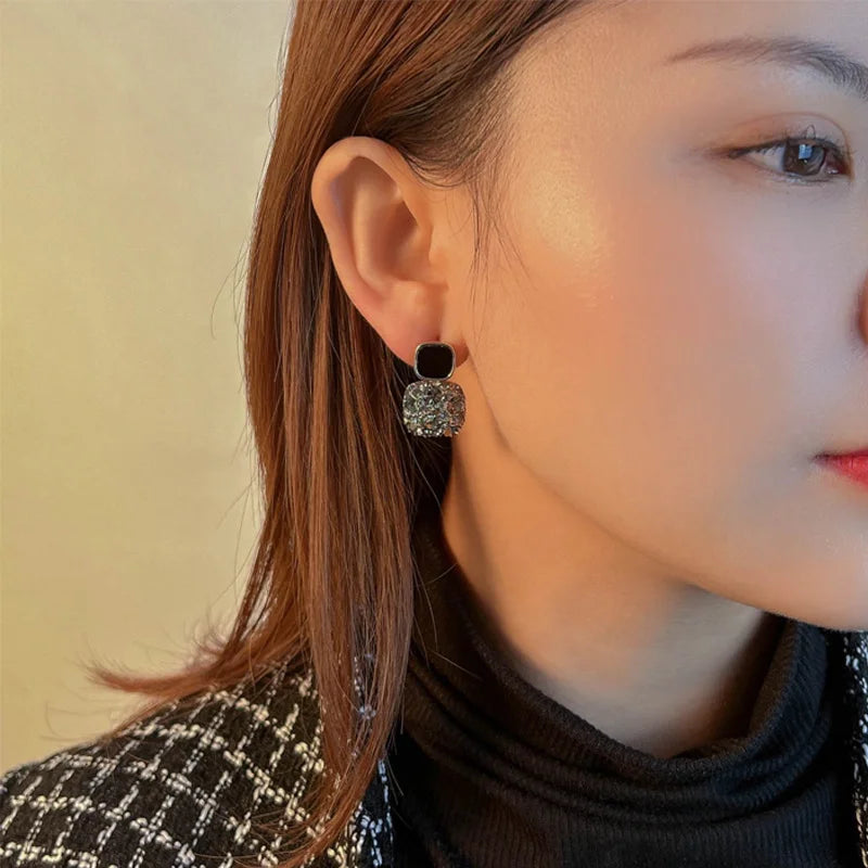 Black Crystal Rhinestone Drop Earrings - Elegant Party Jewelry