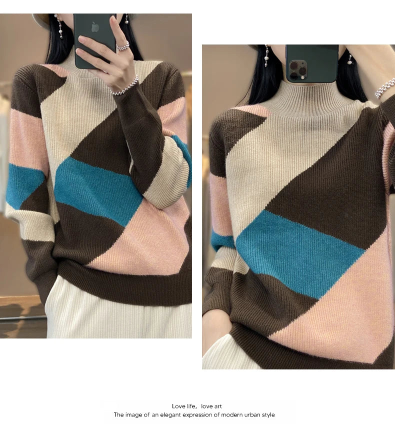 Autumn/Winter Women's Cashmere Patchwork Pullover Sweater