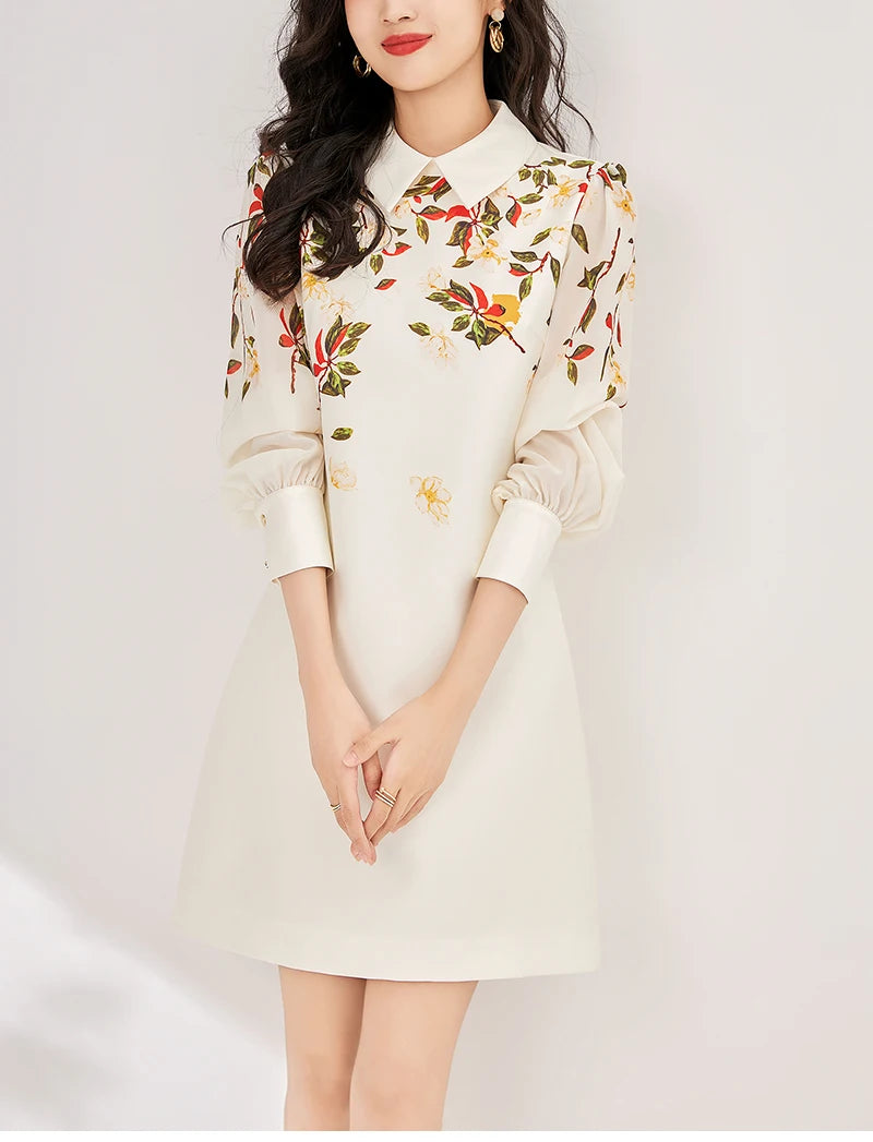 Women's Black Floral Print A-Line Dress - Autumn 2024 Elegant Chiffon Long Sleeve