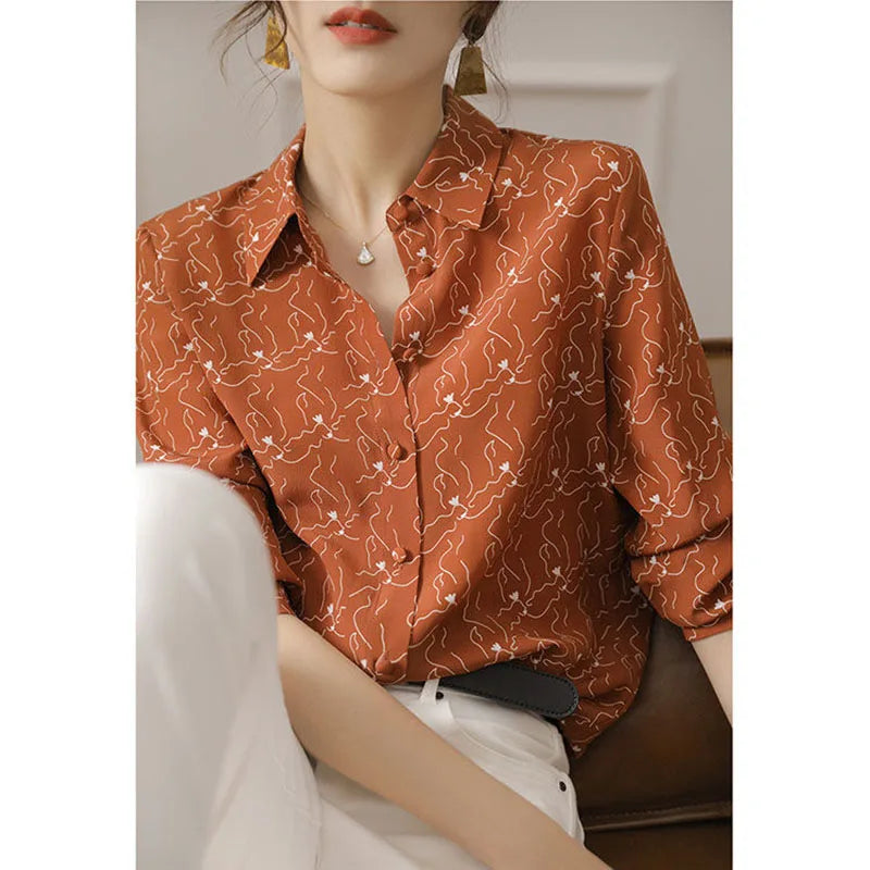 Vintage Printed Lapel Shirt – Loose All-Match Long Sleeve Blouse for Autumn Office Wear