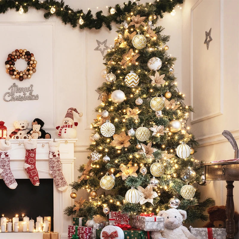 30PCS 6cm Gold White Christmas Balls – Tree Ornaments for Xmas, New Year, and Party Decorations