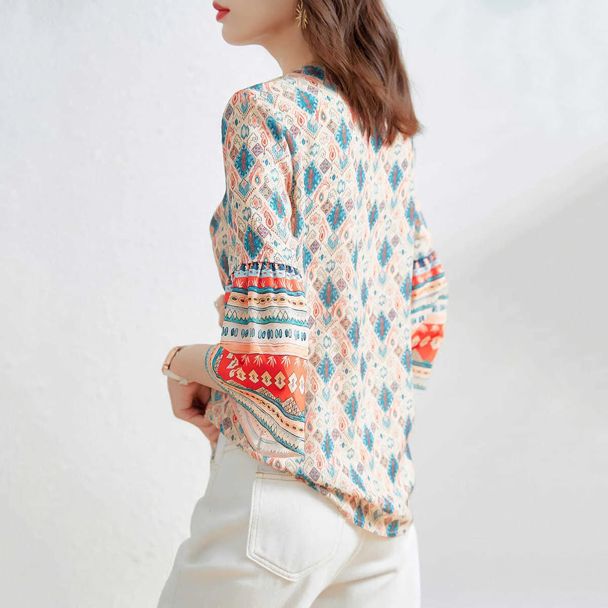 Vintage Style V-Neck Chiffon Blouse – Half Flare Sleeve, Printed Casual Top