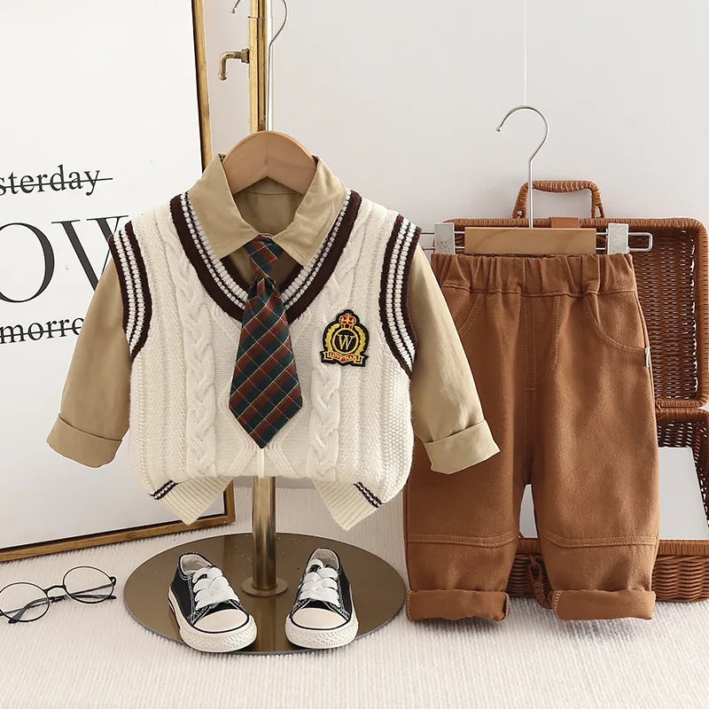 Autumn Preppy Style 3PCS Boys Outfit - Cotton Shirt, Knitted Vest & Pants Set