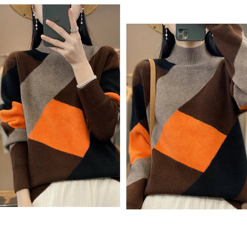 Autumn/Winter Women's Cashmere Patchwork Pullover Sweater