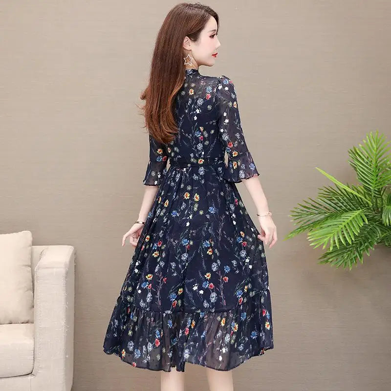 Ladies Summer Floral Chiffon Midi Dress with 3/4 Sleeves
