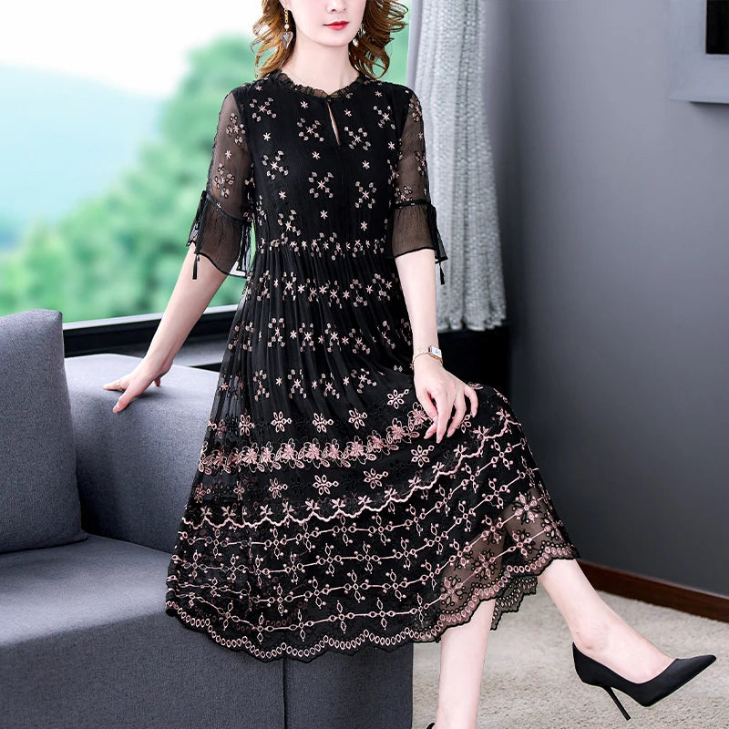 Black Embroidered Mulberry Silk Midi Dress – Hollow Out, Light, Elegant, Vintage Korean Style