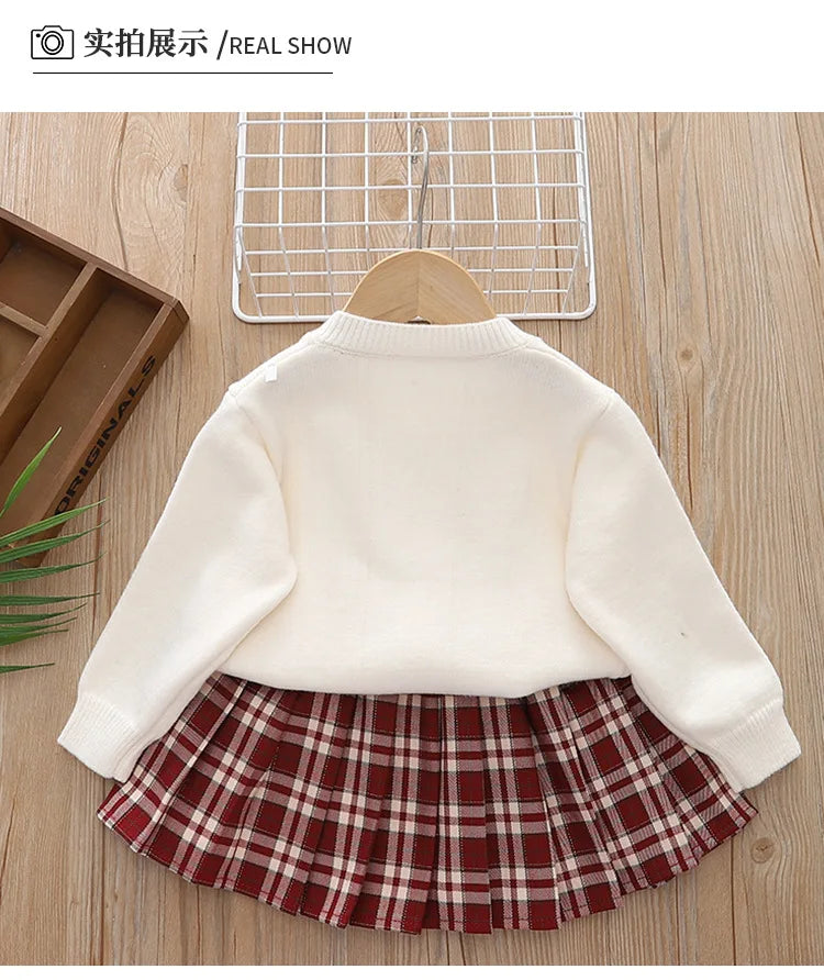 Autumn/Winter Baby Girl 2PCS Sweater Set - Knit Bow Coat & Plaid Skirt