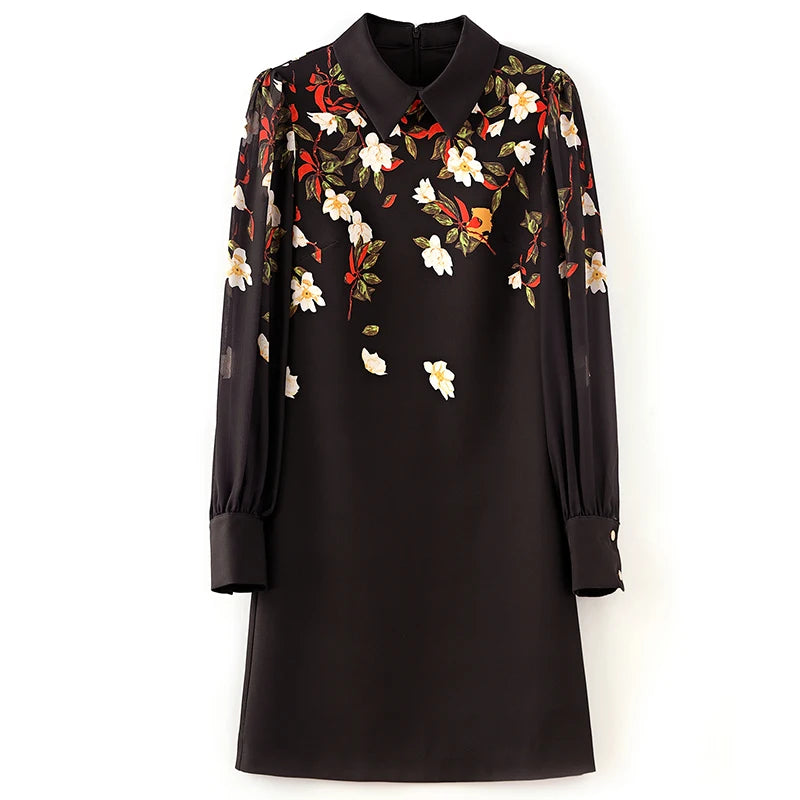 Women's Black Floral Print A-Line Dress - Autumn 2024 Elegant Chiffon Long Sleeve