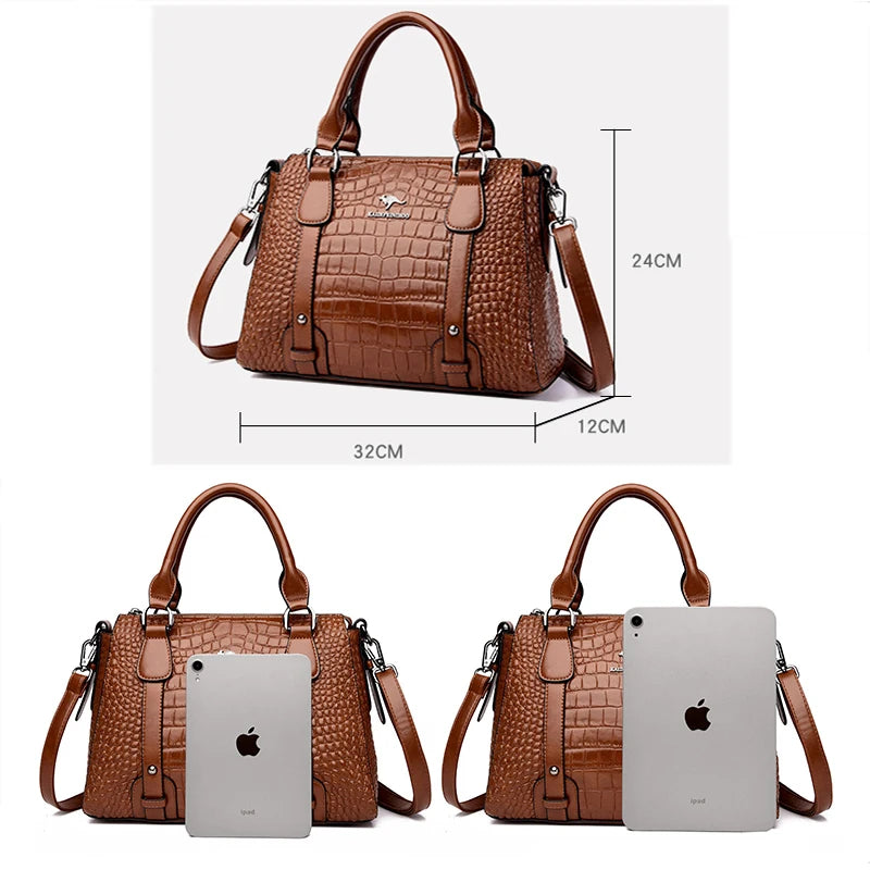 Luxury Genuine Leather Handbag - Women's Crocodile Pattern Shoulder & Crossbody Bag, Large Capacity Casual Tote