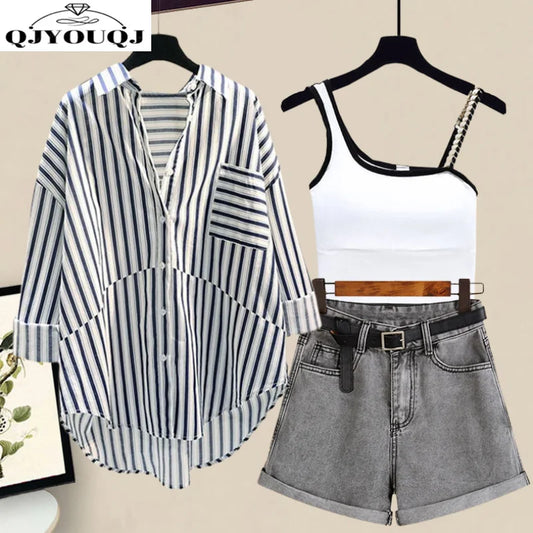 Striped Sunscreen Shirt & Denim Shorts 3-Piece Set - Spring/Summer Women's Fashion