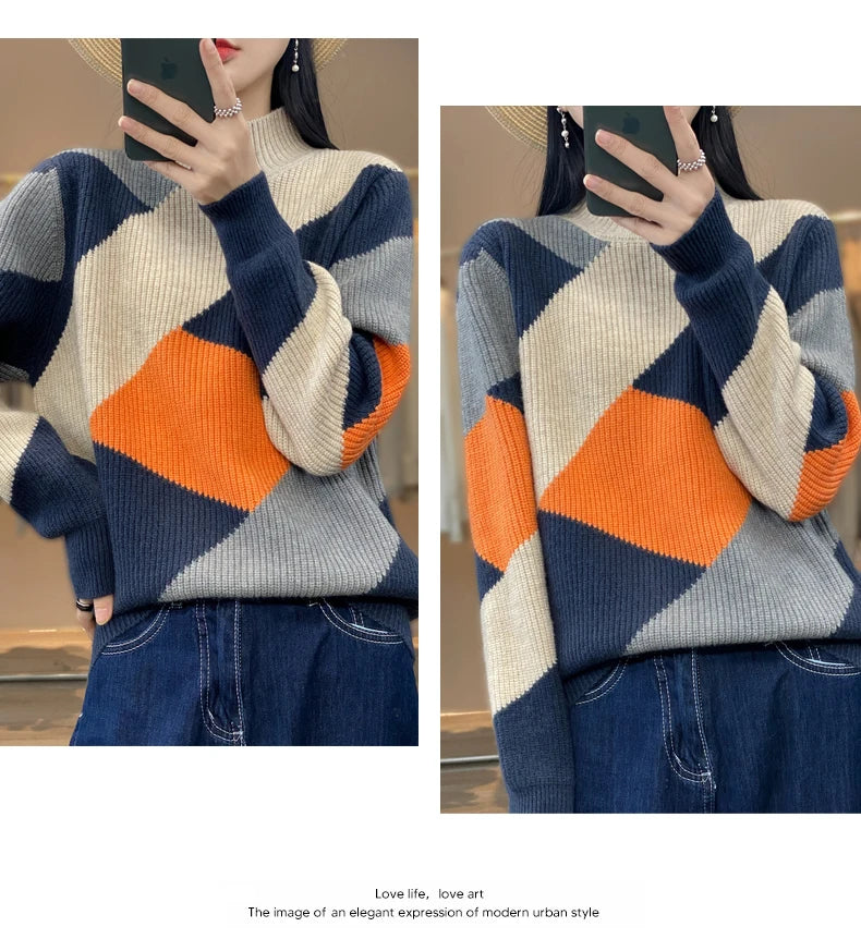 Autumn/Winter Women's Cashmere Patchwork Pullover Sweater