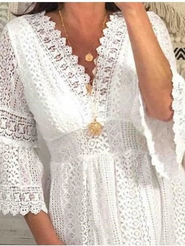 High Waist White Lace V-neck Flare Sleeve Summer Dress