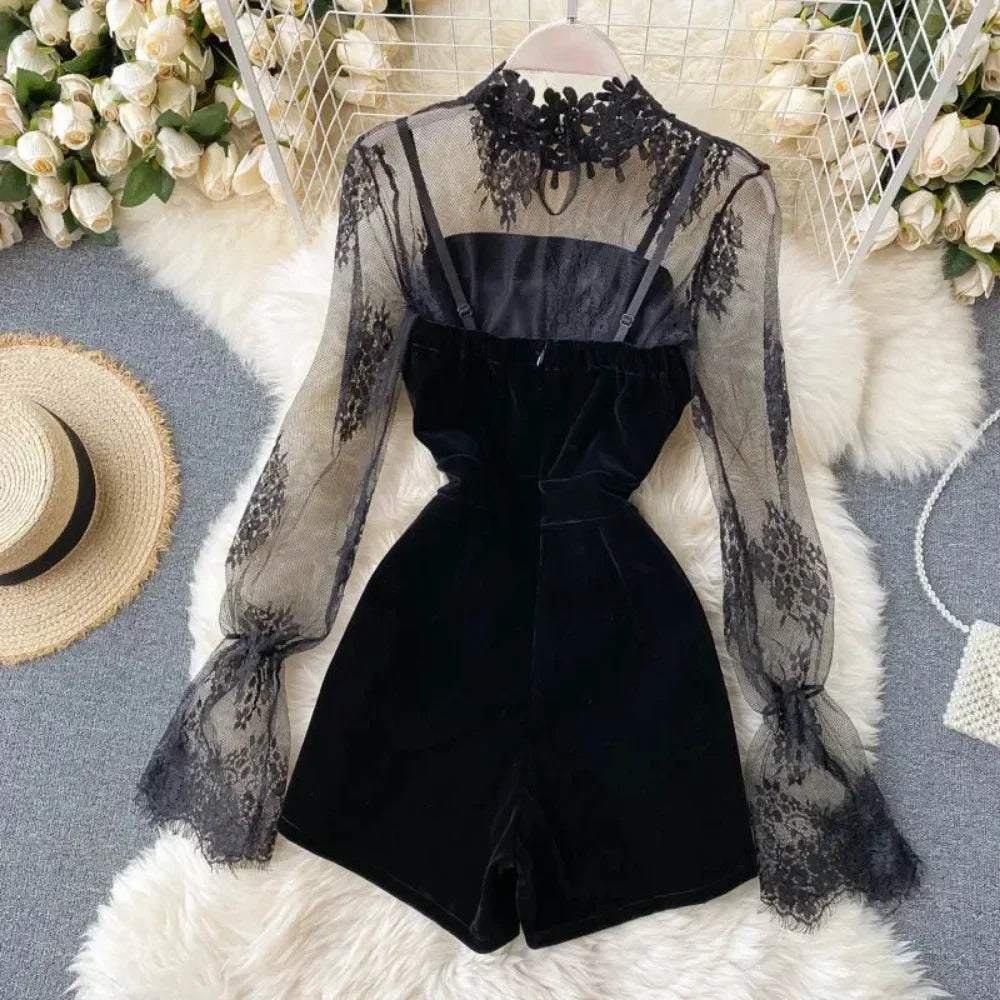 Puff Sleeve Lace Double Breasted Boho Jumpsuit for Women