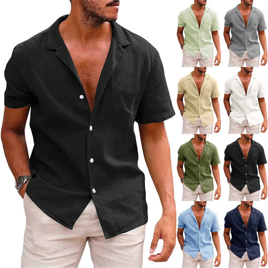 Cotton Linen Hot Sale Men's Short-Sleeved Shirts Summer Solid Color