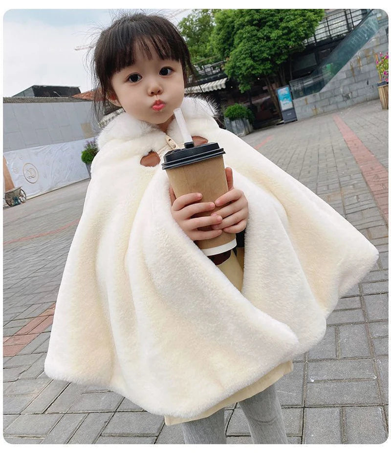 Baby Girl Faux Fur Hooded Cloak - Winter Princess Cape for 1-7 Years
