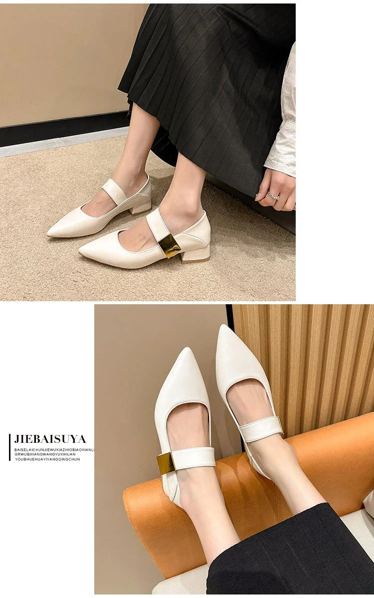Women's Suede High Heels – Square Toe Pumps with Metal Decoration, Black/Apricot