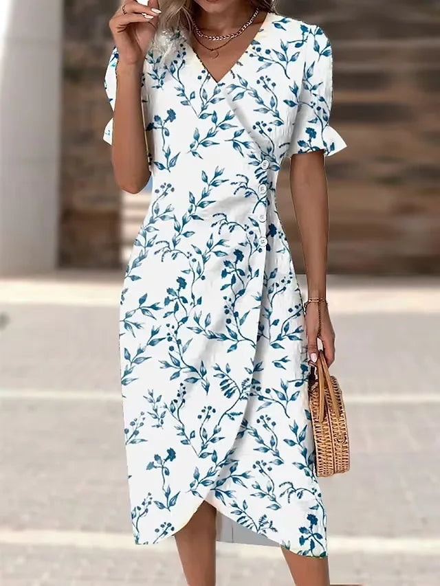 Elegant Floral Pleated Midi Dress - V Neck Puff Sleeve Summer Dress