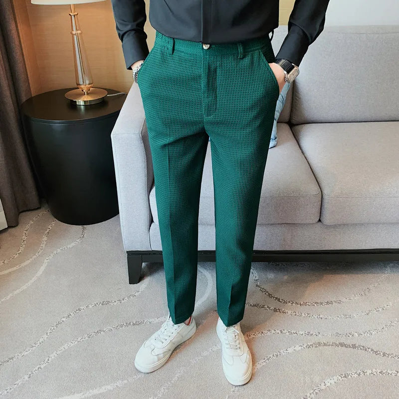 Autumn Waffle Stretch Waist Slim Fit Formal Pants for Men – Ideal for Weddings and Social Events