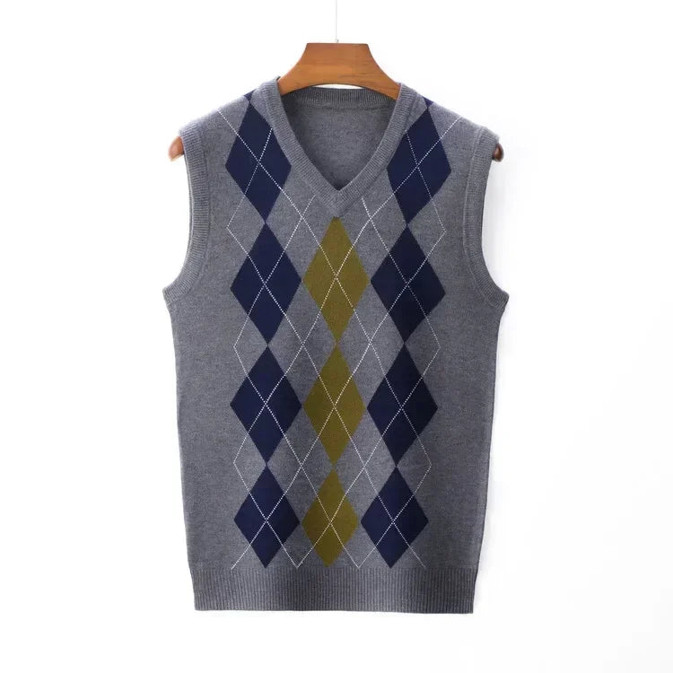Men's Business Casual Pullover Wear Warm Sleeveless Wool Knitted Sweater Plaid Vest Tops