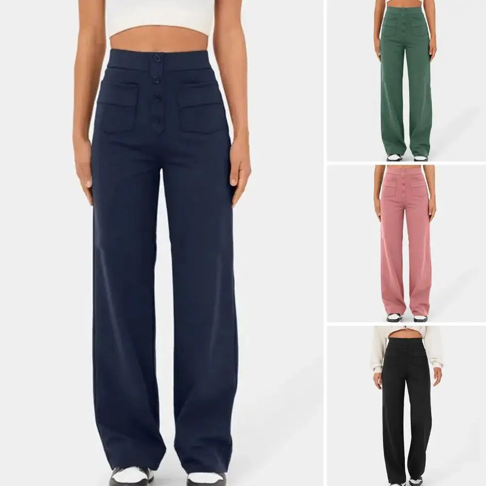 Stylish High-Waist Slouchy Pants - Women's Wide-Leg Trousers with Button Closure, Elastic Pockets, Casual Solid Color