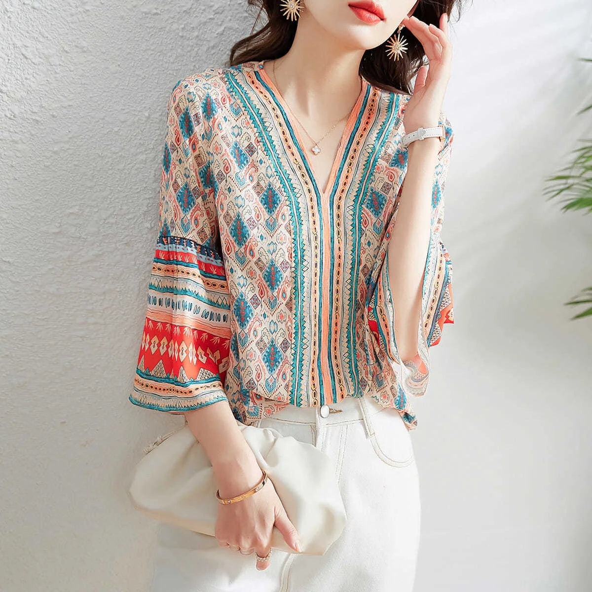 Vintage Style V-Neck Chiffon Blouse – Half Flare Sleeve, Printed Casual Top
