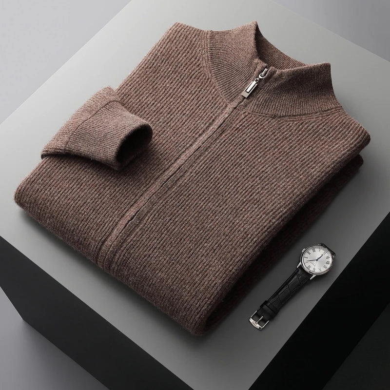 Autumn Winter 100% Pure Wool Men's Warm Sweater Stand Collar Thickened Cardigan  New Cashmere Casual Knitted Large Size Top