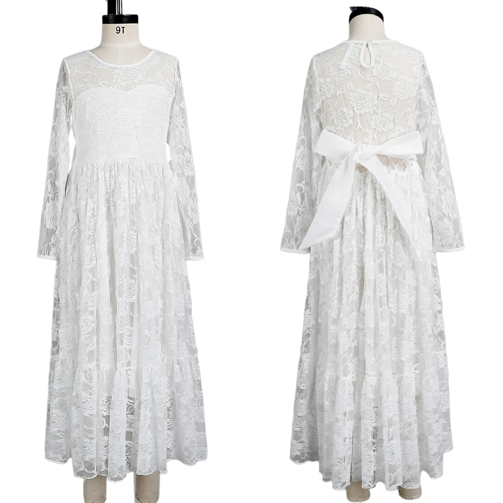 Flower Girl Dress: Long Sleeve White & Beige Summer Dress