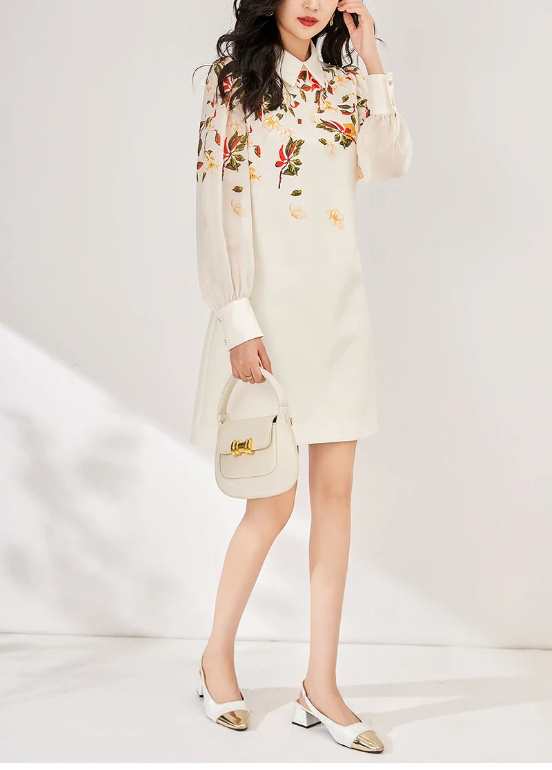 Women's Black Floral Print A-Line Dress - Autumn 2024 Elegant Chiffon Long Sleeve