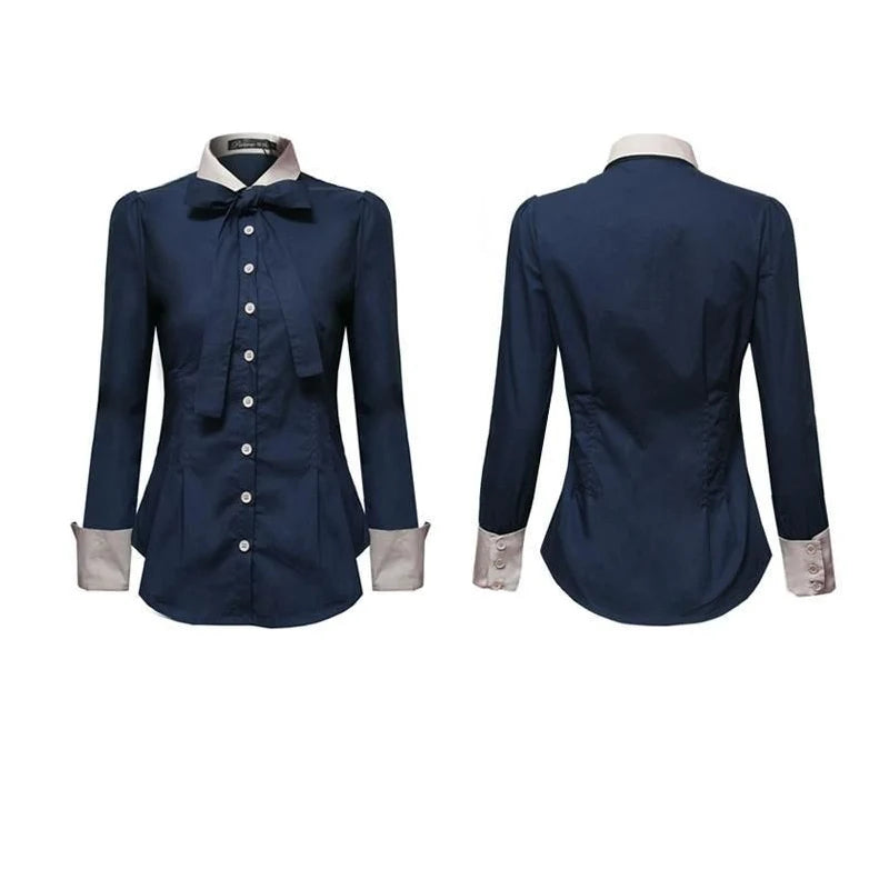 Spring Women's Patchwork Shirt – Long Sleeve Slim Fit Polo Blouse
