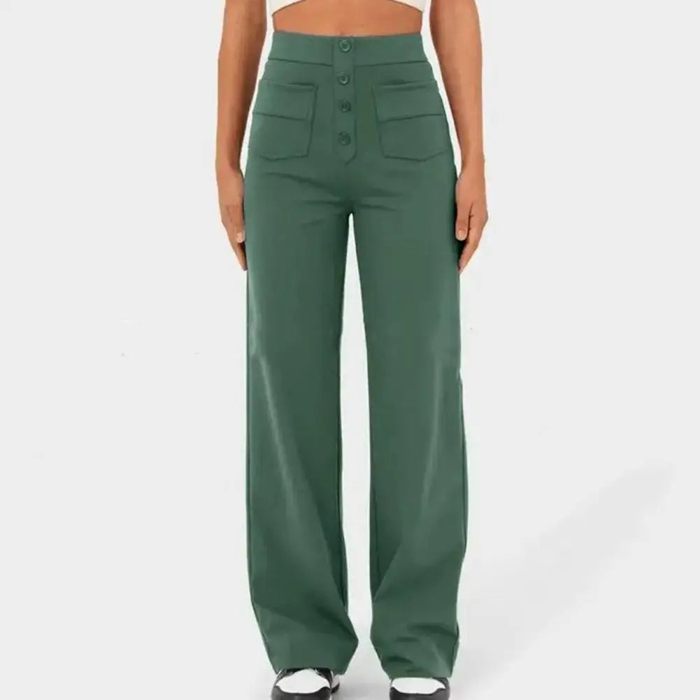 Stylish High-Waist Slouchy Pants - Women's Wide-Leg Trousers with Button Closure, Elastic Pockets, Casual Solid Color