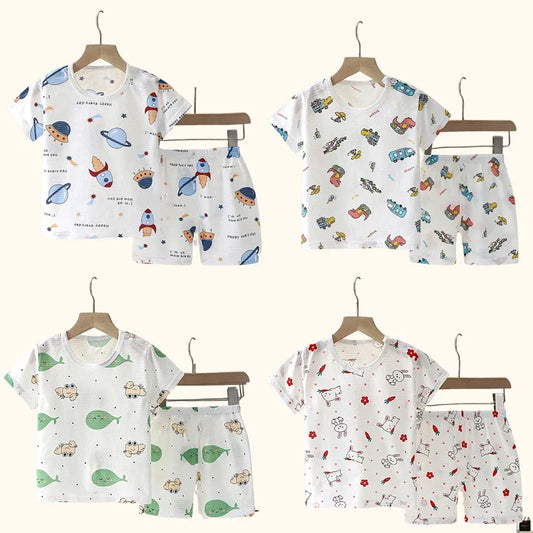 Summer Cotton Kids Sleepwear Set – Short Sleeve T-Shirt & Shorts for Boys & Girls