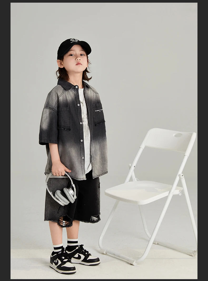 Fashion Boys' Cotton Gradient Gray Short Sleeve Shirt - Summer All-Match Tops (4-16Y)