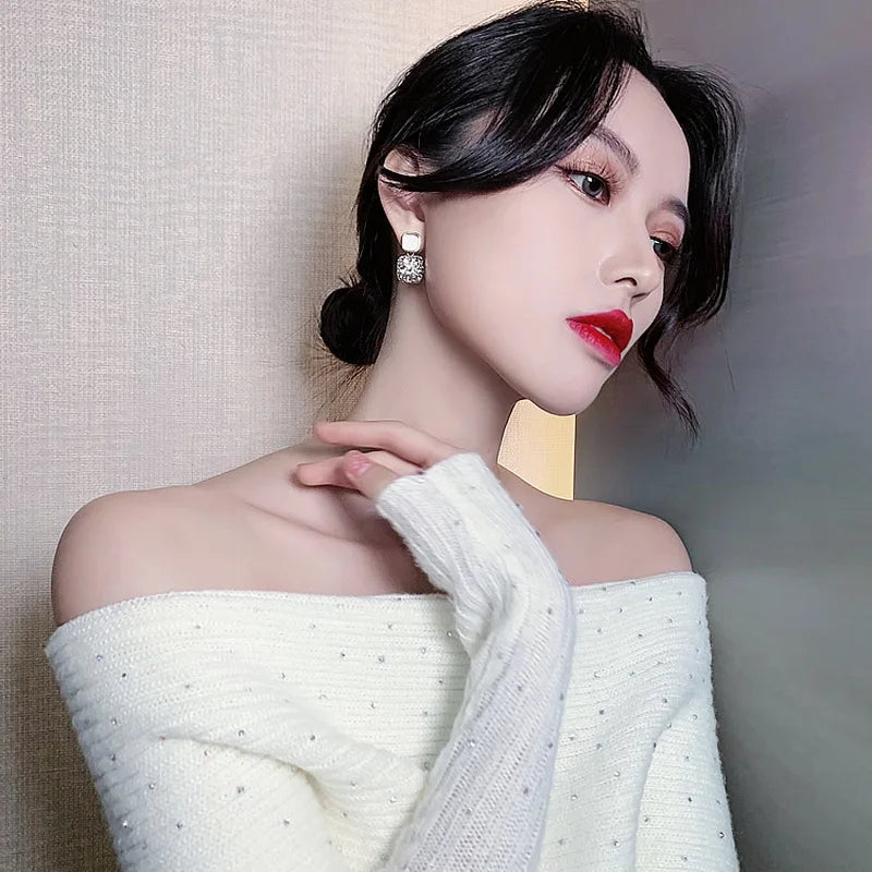 Vintage Enamel Square Stud Earrings: Trendy Zircon Fashion Jewelry