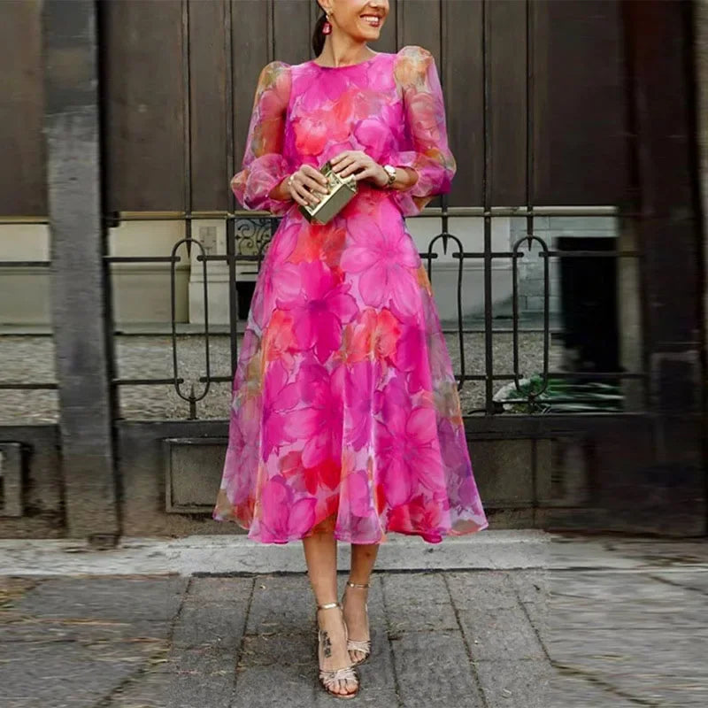 Women's Autumn Floral Print Evening Dress - Elegant O-Neck with Puff Sleeves