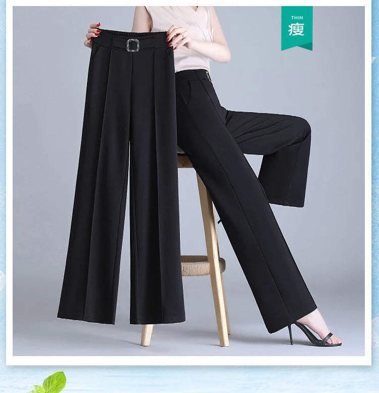 Khaki High-Waist Ice Silk Wide-Leg Trousers - Summer Design, Elegant Elastic Waist Baggy Pants for Women